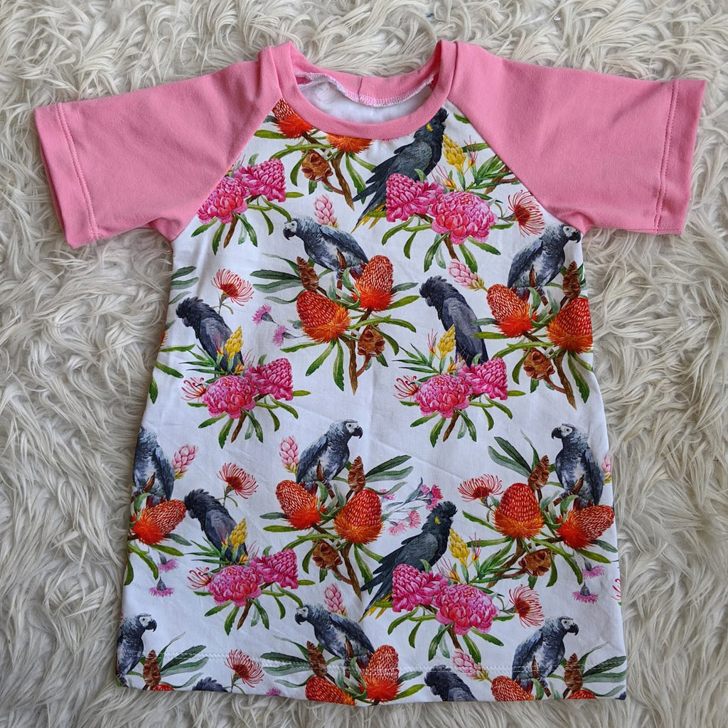 Size 1 Black cockatoos & banksia tshirt dress