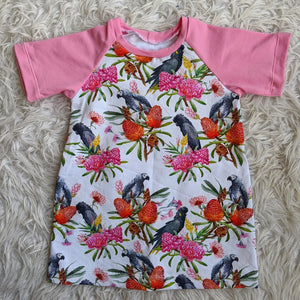 Size 1 Black cockatoos & banksia tshirt dress