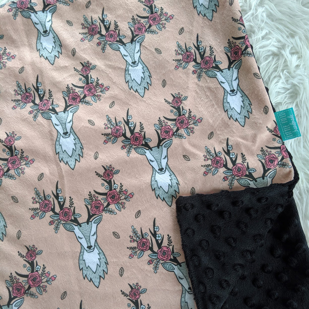 Peach floral deers minky pram blanket