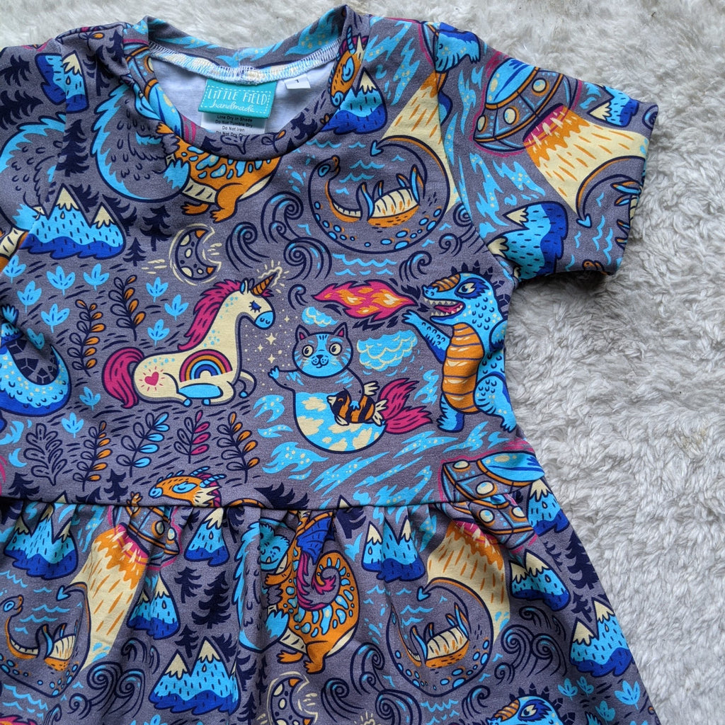 SIZE 1 Mythical creatures blue gathered waist dress