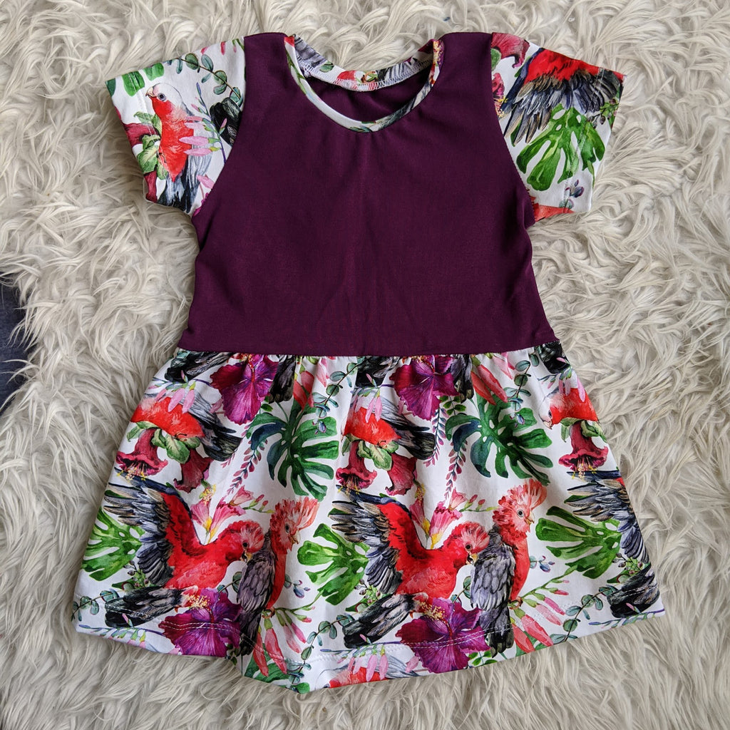 Size 1 galahs & leaves gathered waist dress