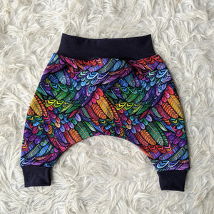 Size 0000 Rainbow feathers harem pants