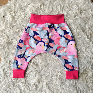Size 00 Galahs on navy harem pants