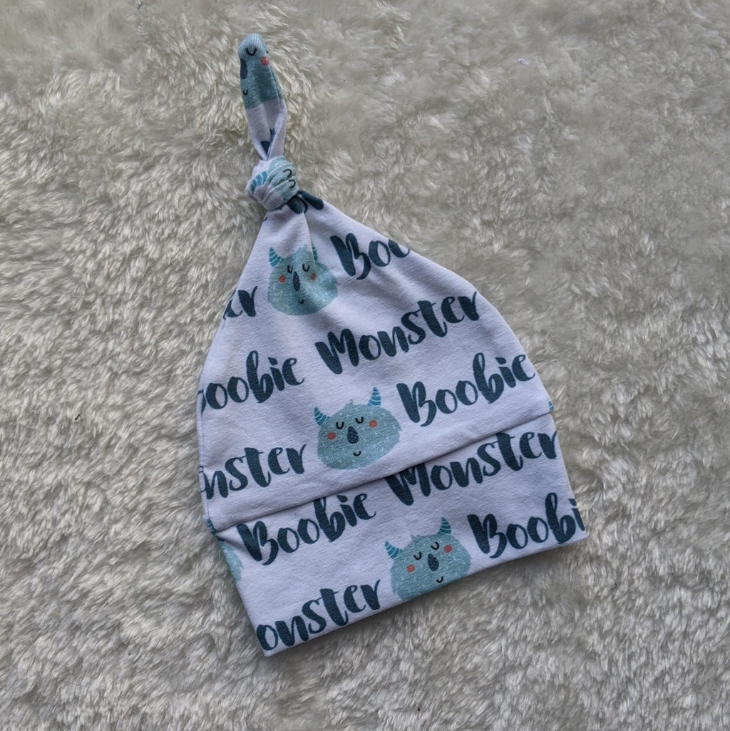 Size 0000 blue Boobie Monster knotted beanie