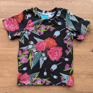 SIZE 3 Gumnut floral on black tshirt