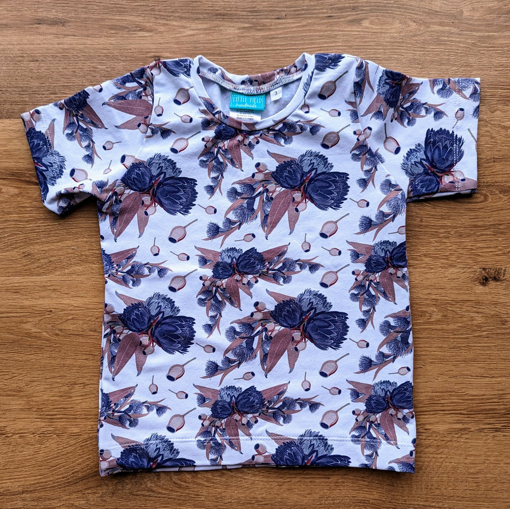 SIZE 3 blue protea on white tshirt