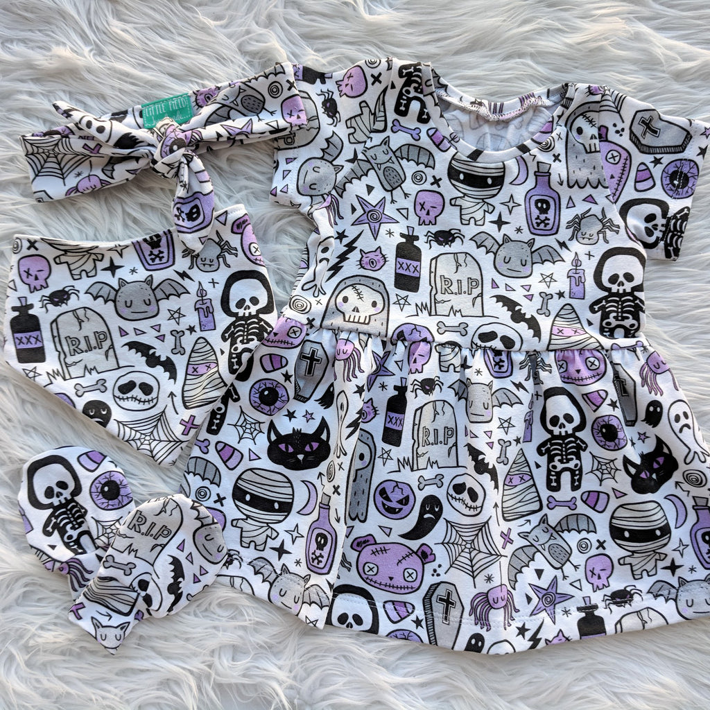 Size 3 purple skeleton & friends gathered waist dress