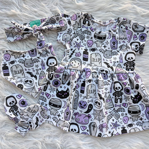 Size 3 purple skeleton & friends gathered waist dress